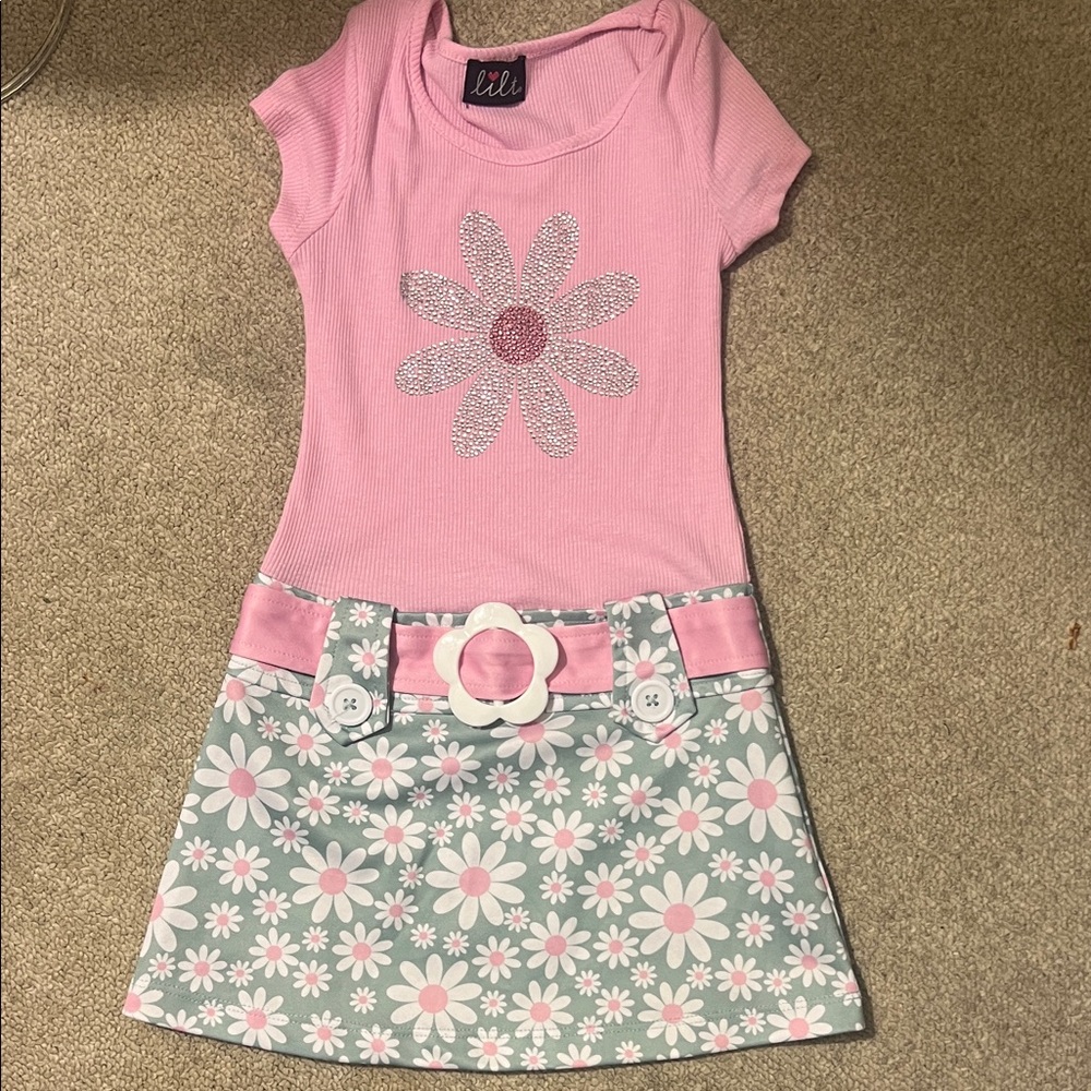 Lilt Pink and Gray Floral Kids Dress with Belt